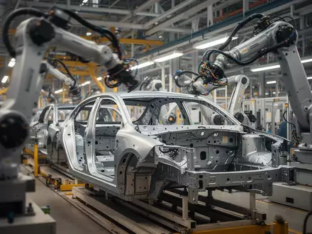 Moderne Produktionsanlage in einem Automobilwerk mit verschwommenen Roboterarmen bei der Fahrzeugfertigung. - Foto: über boerse-global.de