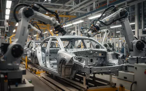 Moderne Produktionsanlage in einem Automobilwerk mit verschwommenen Roboterarmen bei der Fahrzeugfertigung. - Foto: über boerse-global.de