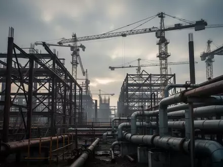 Industrielle Baustelle mit Stahlkonstruktionen und Kränen vor einem bewölkten Himmel. - Foto: über boerse-global.de