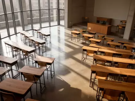 Ein leerer, minimalistischer Hörsaal mit hölzernen Tischen und einfallendem Tageslicht, das geometrische Schatten auf den Boden wirft. - Foto: über boerse-global.de