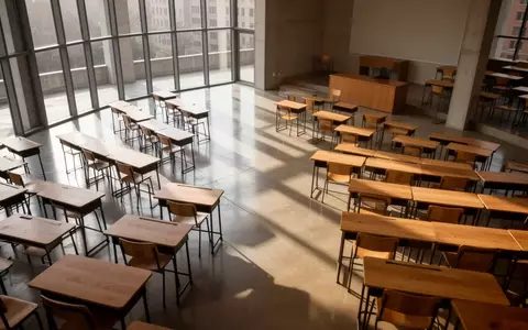Ein leerer, minimalistischer Hörsaal mit hölzernen Tischen und einfallendem Tageslicht, das geometrische Schatten auf den Boden wirft. - Foto: über boerse-global.de
