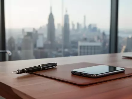 Ein minimalistischer Büroschreibtisch mit hochwertigen Schreibutensilien vor einem verschwommenen Ausblick auf eine Skyline. - Foto: über boerse-global.de