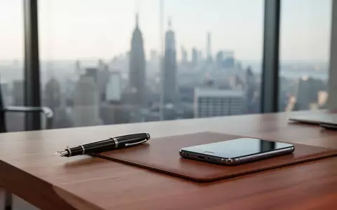 Ein minimalistischer Büroschreibtisch mit hochwertigen Schreibutensilien vor einem verschwommenen Ausblick auf eine Skyline. - Foto: über boerse-global.de