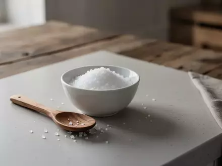 Eine kleine weiße Keramikschale mit grobem Meersalz und einem Holzlöffel auf einem rustikalen Holztisch. - Foto: über boerse-global.de