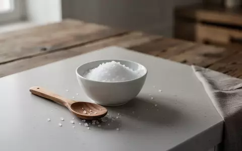 Eine kleine weiße Keramikschale mit grobem Meersalz und einem Holzlöffel auf einem rustikalen Holztisch. - Foto: über boerse-global.de