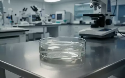 Ein leeres Laborgefäß auf einem Edelstahltisch in einem sterilen Forschungslabor. - Foto: über boerse-global.de