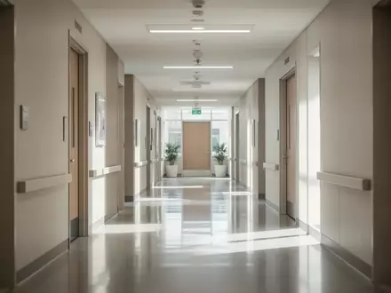 Ein heller, moderner Flur in einem Verwaltungsgebäude einer Krankenkasse mit minimalistischer Architektur und Tageslicht. - Foto: über boerse-global.de