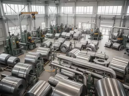 Moderne industrielle Fertigungshalle mit glänzenden Edelstahlrollen und Rohren in einer sauberen Arbeitsumgebung. - Foto: über boerse-global.de