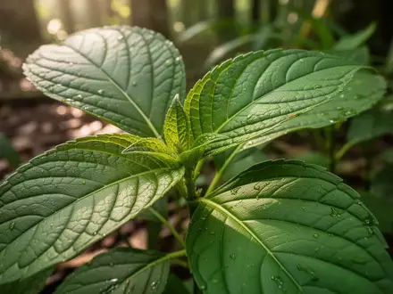 Nahaufnahme von grünen Blättern einer tropischen Heilpflanze in natürlichem Licht. - Foto: über boerse-global.de