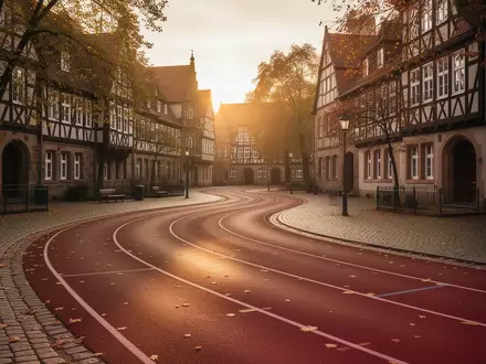 Eine leere Laufstrecke in einer historischen deutschen Innenstadt mit Fachwerkhäusern im morgendlichen Sonnenlicht. - Foto: über boerse-global.de