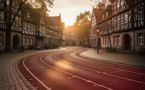 Eine leere Laufstrecke in einer historischen deutschen Innenstadt mit Fachwerkhäusern im morgendlichen Sonnenlicht. - Foto: über boerse-global.de