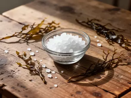 Eine Nahaufnahme von Meersalz und getrockneten Algen in einer Glasschale auf einem Holztisch. - Foto: über boerse-global.de