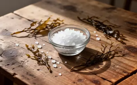 Eine Nahaufnahme von Meersalz und getrockneten Algen in einer Glasschale auf einem Holztisch. - Foto: über boerse-global.de