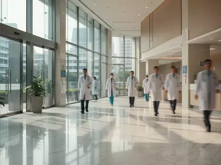 Modernes Foyer eines Krankenhauses mit medizinischem Personal in einer hellen, professionellen Umgebung. - Foto: über boerse-global.de