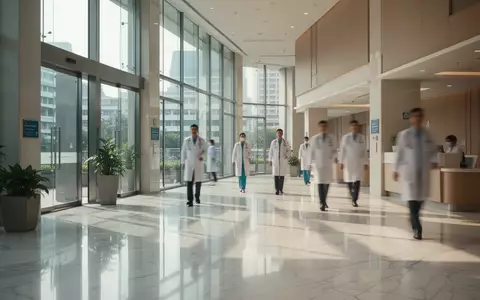 Modernes Foyer eines Krankenhauses mit medizinischem Personal in einer hellen, professionellen Umgebung. - Foto: über boerse-global.de