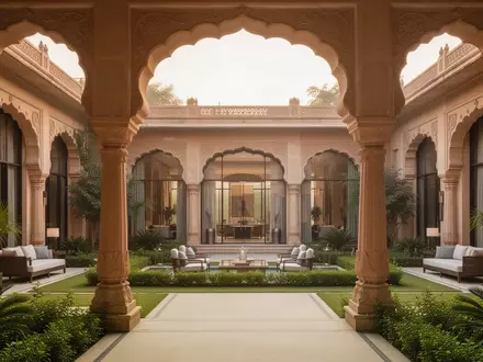 Moderner Innenhof eines Luxushotels in Rajasthan mit traditioneller Architektur und üppiger Bepflanzung. - Foto: über boerse-global.de