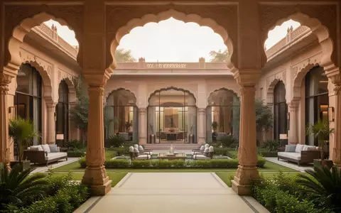 Moderner Innenhof eines Luxushotels in Rajasthan mit traditioneller Architektur und üppiger Bepflanzung. - Foto: über boerse-global.de