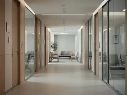 Ein heller, leerer Flur in einer modernen Pflegeeinrichtung mit klaren architektonischen Linien und natürlichem Licht. - Foto: über boerse-global.de