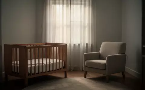 Ein minimalistisch eingerichtetes, ruhig wirkendes Kinderzimmer mit einem Holzbettchen und einem Sessel im weichen Tageslicht. - Foto: über boerse-global.de