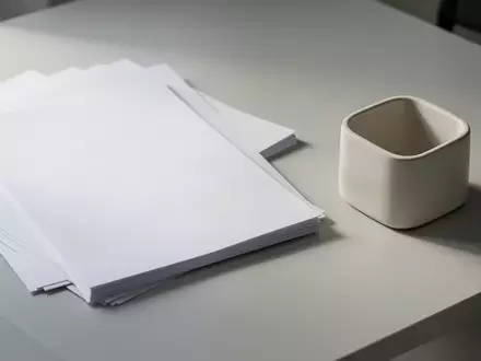 Ein minimalistischer, aufgeräumter Schreibtisch mit weißem Papier und einem leeren Stiftehalter bei sanftem Tageslicht. - Foto: über boerse-global.de