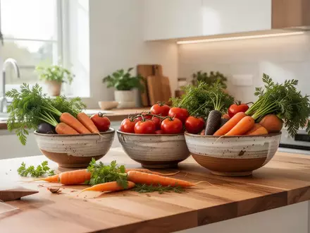 Helle, moderne Küche mit frischem Gemüse in Keramikschalen und natürlichem Tageslicht als Symbol für gesundes Kochen. - Foto: über boerse-global.de
