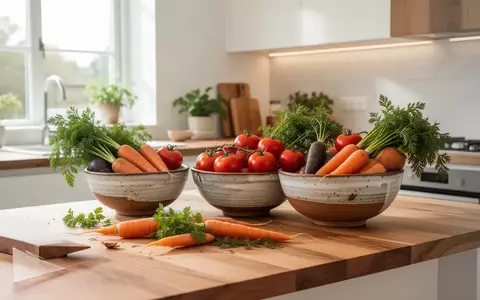 Helle, moderne Küche mit frischem Gemüse in Keramikschalen und natürlichem Tageslicht als Symbol für gesundes Kochen. - Foto: über boerse-global.de