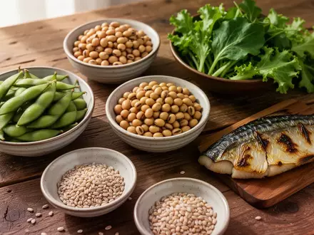 Eine Auswahl an gesunden Lebensmitteln wie Fisch, Hülsenfrüchte und Gemüse auf einem Holztisch. - Foto: über boerse-global.de