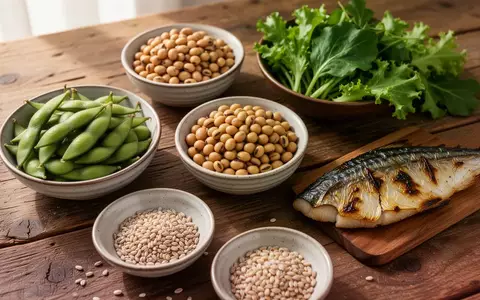 Eine Auswahl an gesunden Lebensmitteln wie Fisch, Hülsenfrüchte und Gemüse auf einem Holztisch. - Foto: über boerse-global.de