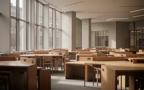 Ein heller, minimalistischer Lernbereich in einer modernen Universität mit leeren Holztischen und natürlichem Tageslicht. - Foto: über boerse-global.de