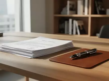 Ein minimalistischer Schreibtisch mit ordentlich gestapelten juristischen Dokumenten und einem Füllfederhalter in einem hellen, sonnendurchfluteten Büro. - Foto: über boerse-global.de