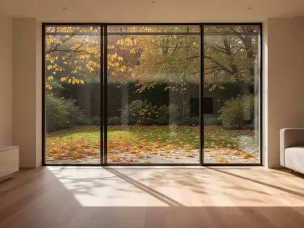 Ein helles, aufgeräumtes Wohnzimmer im Herbst mit Blick auf einen Garten voller goldener Blätter und einfallendem Sonnenlicht. - Foto: über boerse-global.de