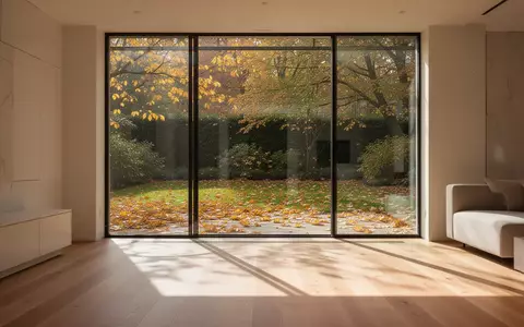 Ein helles, aufgeräumtes Wohnzimmer im Herbst mit Blick auf einen Garten voller goldener Blätter und einfallendem Sonnenlicht. - Foto: über boerse-global.de