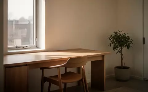 Ein minimalistischer, heller Arbeitsplatz in einem modernen Zuhause mit Tageslicht und einer Pflanze, ohne Personen. - Foto: über boerse-global.de