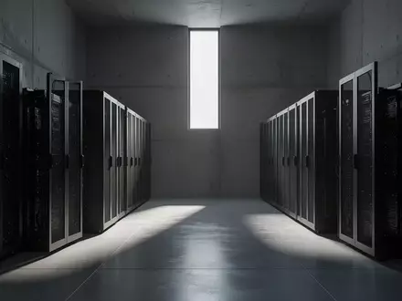 Ein dunkler, minimalistischer Serverraum mit ungenutzten Industrieschränken und schattenreichen Betonwänden. - Foto: über boerse-global.de