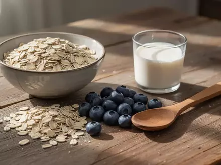 Rohe Haferflocken, frische Beeren und ein Glas Milch auf einem rustikalen Holztisch im morgendlichen Sonnenlicht. - Foto: über boerse-global.de