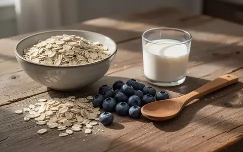 Rohe Haferflocken, frische Beeren und ein Glas Milch auf einem rustikalen Holztisch im morgendlichen Sonnenlicht. - Foto: über boerse-global.de