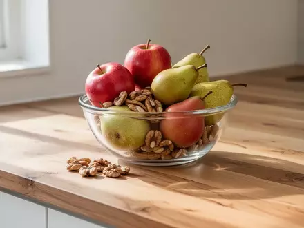 Eine Schale mit frischem Obst und Nüssen auf einer hellen Holzküchenarbeitsplatte bei natürlichem Tageslicht. - Foto: über boerse-global.de
