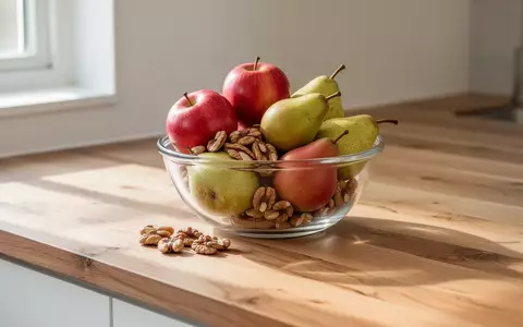 Eine Schale mit frischem Obst und Nüssen auf einer hellen Holzküchenarbeitsplatte bei natürlichem Tageslicht. - Foto: über boerse-global.de