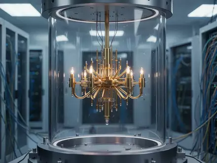 Ein goldener Quantencomputer-Prozessor in einer modernen, beleuchteten Laborumgebung. - Foto: über boerse-global.de