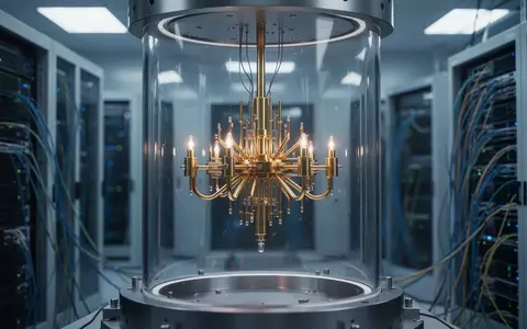 Ein goldener Quantencomputer-Prozessor in einer modernen, beleuchteten Laborumgebung. - Foto: über boerse-global.de