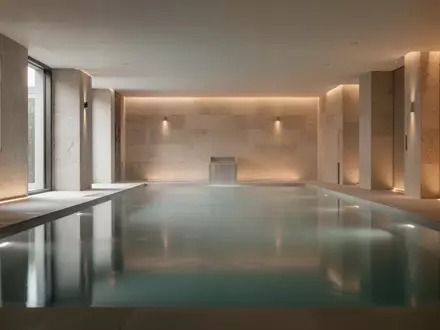 Ein ruhiges, modernes Thermalbad mit sanfter Beleuchtung und spiegelnder Wasseroberfläche in einer minimalistischen Architektur. - Foto: über boerse-global.de