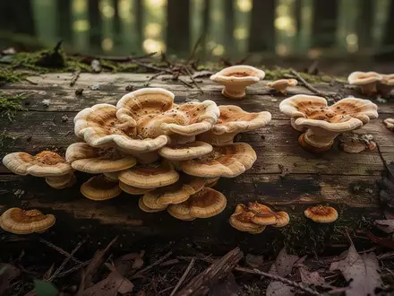 Nahaufnahme von Antrodia camphorata Pilzen auf einem bemoosten Waldboden bei natürlichem Licht. - Foto: über boerse-global.de