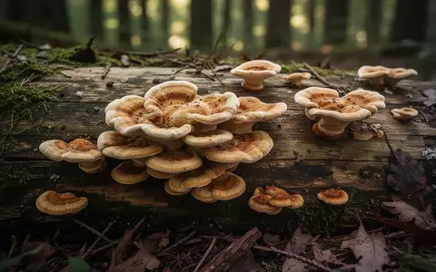 Nahaufnahme von Antrodia camphorata Pilzen auf einem bemoosten Waldboden bei natürlichem Licht. - Foto: über boerse-global.de