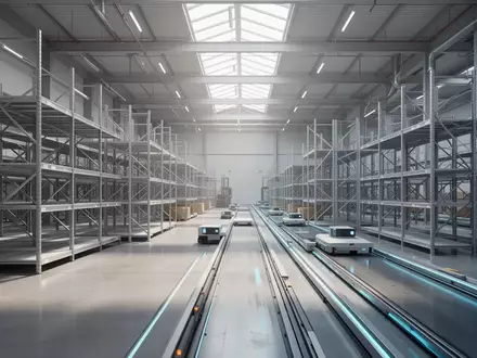 Eine moderne, weitläufige Logistikhalle mit poliertem Industrieboden und geordneten Regalsystemen ohne sichtbare Waren oder Roboter. - Foto: über boerse-global.de