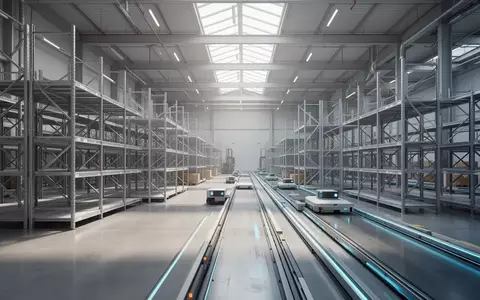 Eine moderne, weitläufige Logistikhalle mit poliertem Industrieboden und geordneten Regalsystemen ohne sichtbare Waren oder Roboter. - Foto: über boerse-global.de