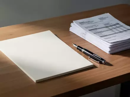 Ein minimalistischer Schreibtisch mit einem leeren Notizblock und einem Füllfederhalter auf einer sauberen Arbeitsfläche. - Foto: über boerse-global.de