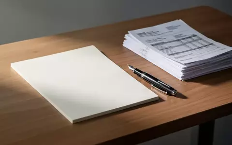 Ein minimalistischer Schreibtisch mit einem leeren Notizblock und einem Füllfederhalter auf einer sauberen Arbeitsfläche. - Foto: über boerse-global.de