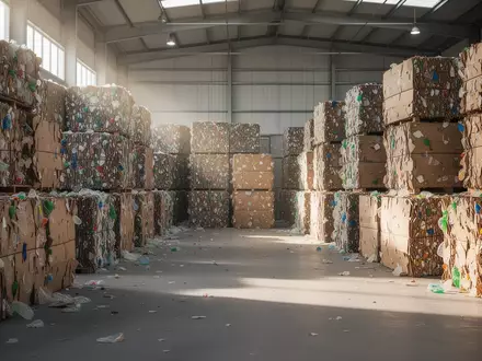 Sauber gestapelte Ballen aus recycelbarem Verpackungsmaterial in einer modernen Industrieanlage. - Foto: über boerse-global.de
