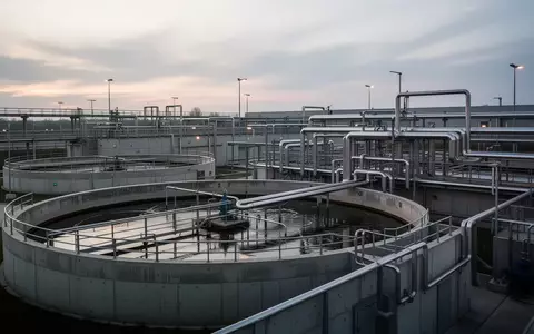 Moderne industrielle Kläranlage mit großen runden Sedimentationsbecken und komplexen Rohrleitungssystemen bei Dämmerung. - Foto: über boerse-global.de