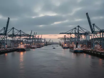 Industrielle Hafenanlagen an der Elbe in Hamburg unter einem bewölkten Abendhimmel als Symbol für urbane Infrastruktur. - Foto: über boerse-global.de